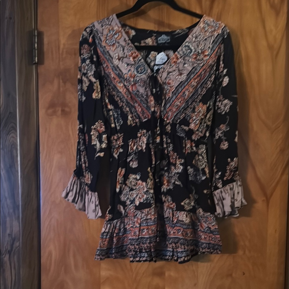Angie Black and Orange Mini Dress with Bell Sleeves and Tie Front